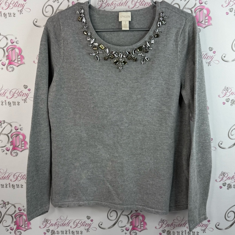 Chico's sweater, jewels crystals, rhinestone Silver Embellished Long Sleeve Top